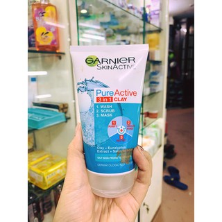 Sữa rửa mặt Ganier SkinActive Pure Active 3 in 1 Clay 150ml Rửa mặt/ Tẩy tế bào chết / Mặt nạ sạch sâu tiện lợi