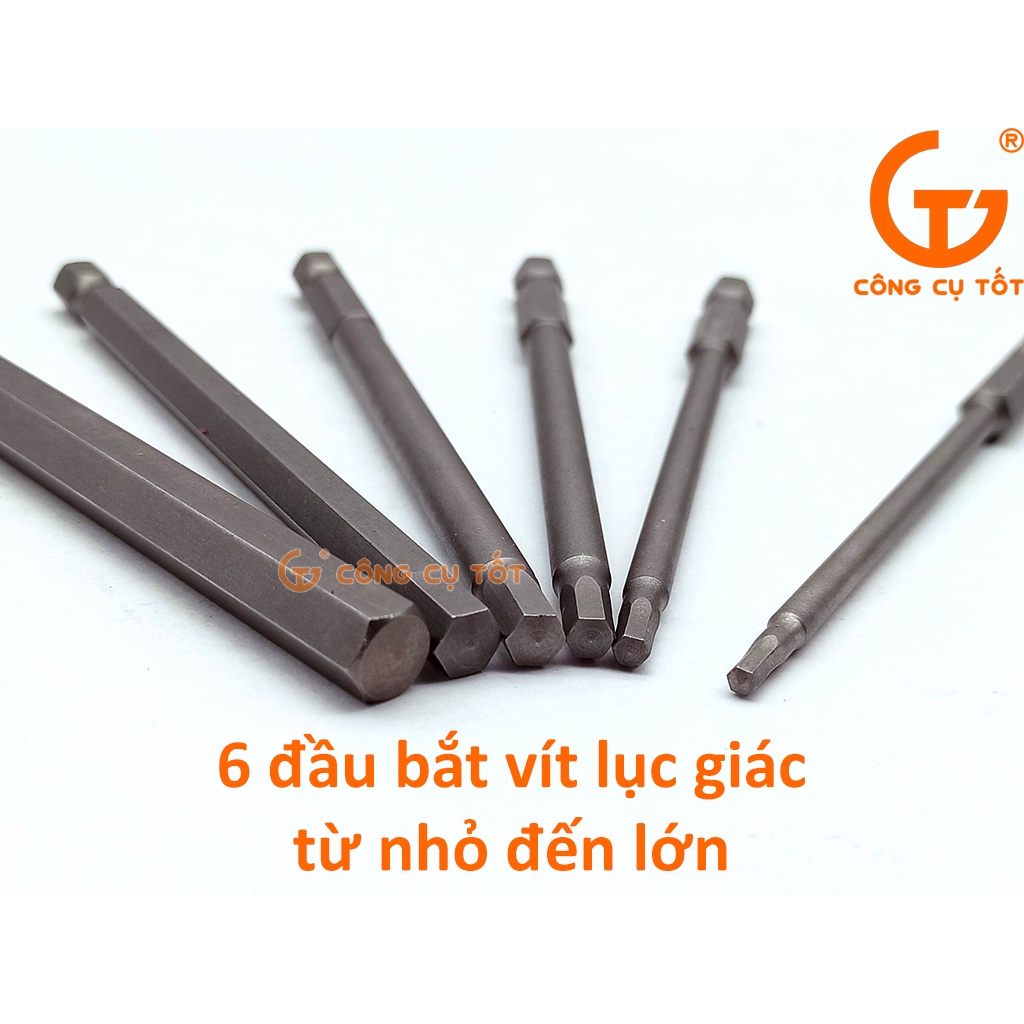 Vỉ 6 đầu bắt vít lục giác chuôi lục thép S2 2.5 - 8.0mm dài 100mm