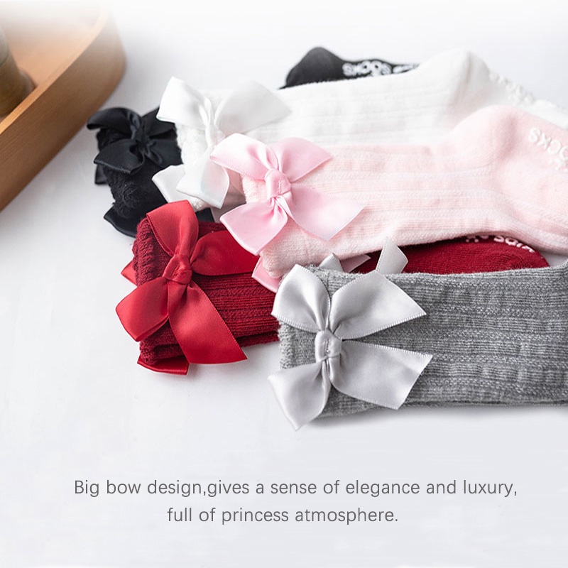 Vớ Cotton Cao Đến Đầu Gối Chống Trơn Đính Nơ Dễ Thương Cho Bé Gái