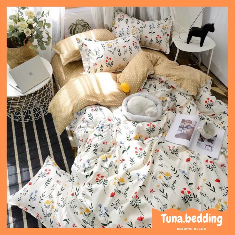 Bộ Chăn Ga Gối Hoa Nhí Chấm Bi Chất Liệu Poly Cao Cấp