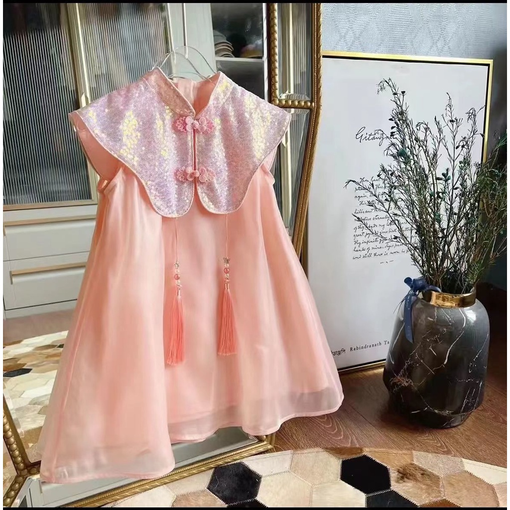 Đầm Sườn Xám Không Tay Phối Tua Rua Thời Trang Mùa Hè Dành Cho Bé Gái