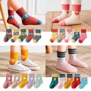 (Five pairs)Vớ cotton cao trung bình in họa tiết hoạt hình thời trang xuân thu cho bé