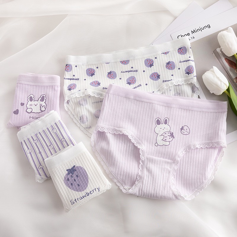 Quần Lót Cotton Tăm Hình Thỏ Dâu Tông Tím Pastel Mềm Mại Cute QL53