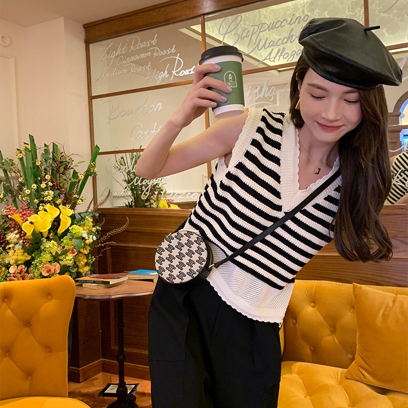 【ZHELIHANGFEI】Áo Dệt Kim Không Tay Cổ Chữ V Họa Tiết Kẻ Sọc Quyến Rũ