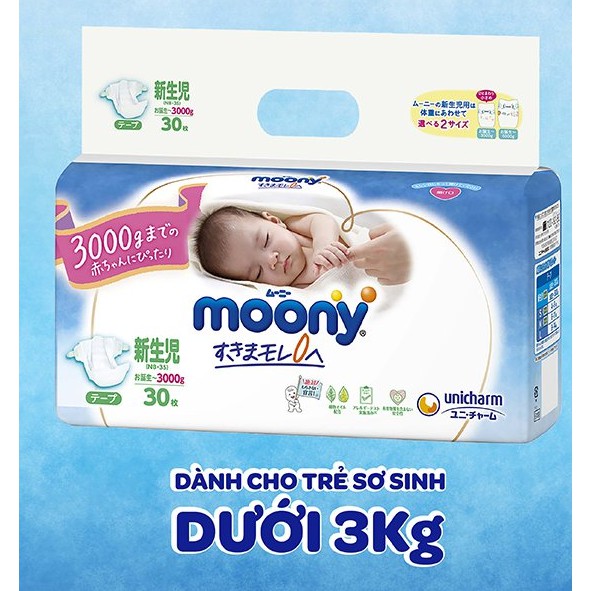 Tã dán cao cấp Moony 3S dành cho trẻ sơ sinh dưới 3 KG NB30