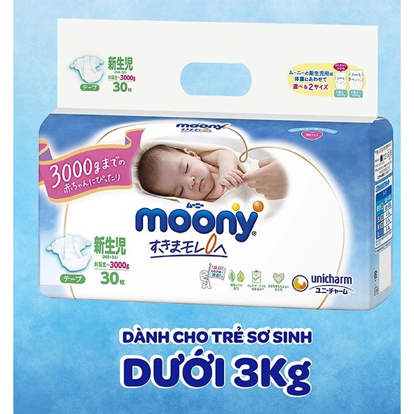 Tã dán cao cấp Moony 3S dành cho trẻ sơ sinh dưới 3 KG NB30