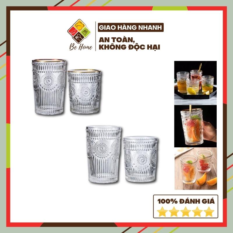 Cốc thủy tinh viền vàng vân họa tiết mặt trời BEHOMEMALL ly thủy tinh cao cấp