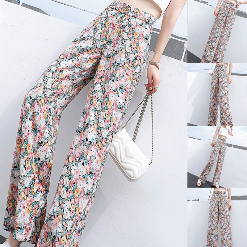 Quần Ống Rộng Lưng Cao Co Giãn In Họa Tiết Hoa Phong Cách Boho Dành Cho Nữ