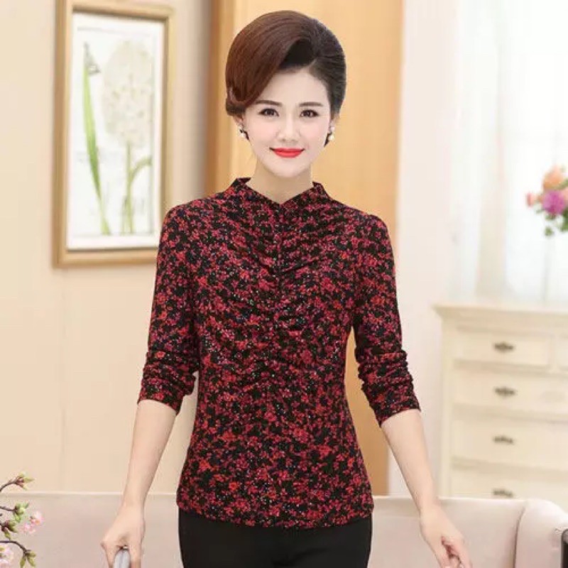 Áo thun hoa nhí đỏ ánh kim tuyến lót nỉ cho người trung niên