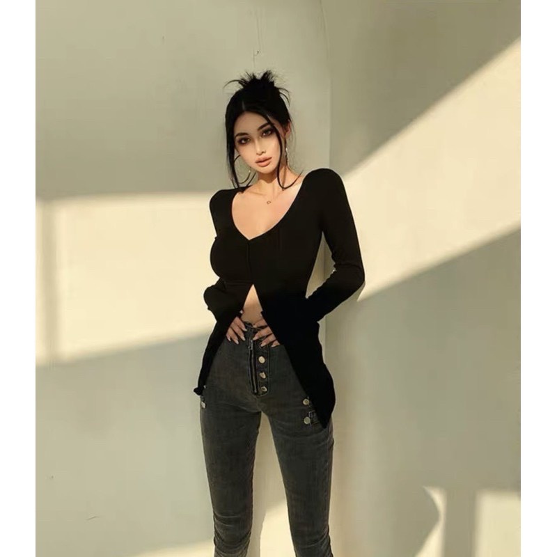 Aó thun tay dài cổ tim xẻ tà chất thun gân-ringushop