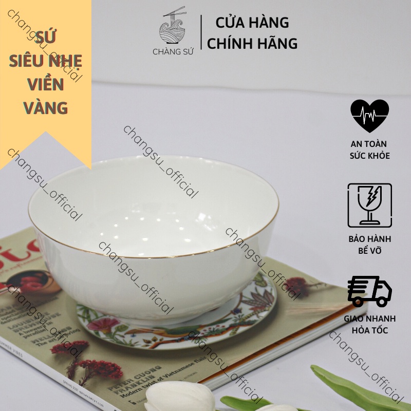 Bát ô tô viền vàng 12k kiểu Hàn Quốc sứ siêu nhẹ - Sứ xương siêu nhẹ Minh Châu - Chàng Sứ BoneTH07vv