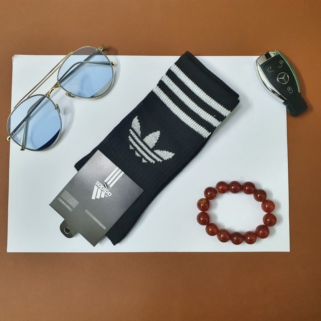 Tất Dệt Kim Cao Cấp, Tất Adidas 3 sọc cổ 19cm, hàng Unisex, phong cách thể thao - Đen