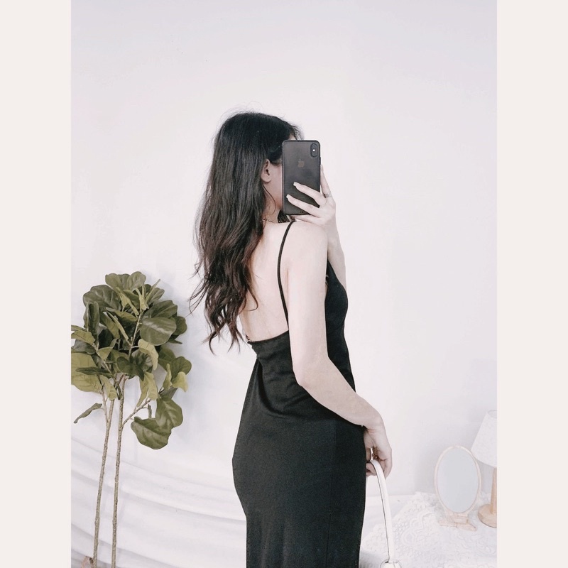 Đầm Hai Dây Hở Lưng Nữ Váy midi 2s body dáng ôm màu đen trơn thiết kế sexy Ulzzang HOT
