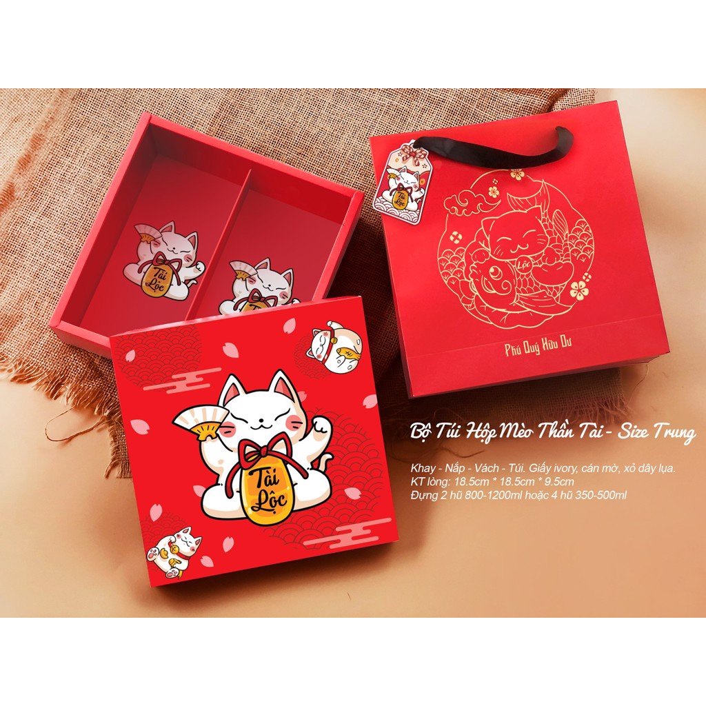 Bộ túi hộp Mèo Thần Tài đựng bánh kẹo, mứt, quà biếu