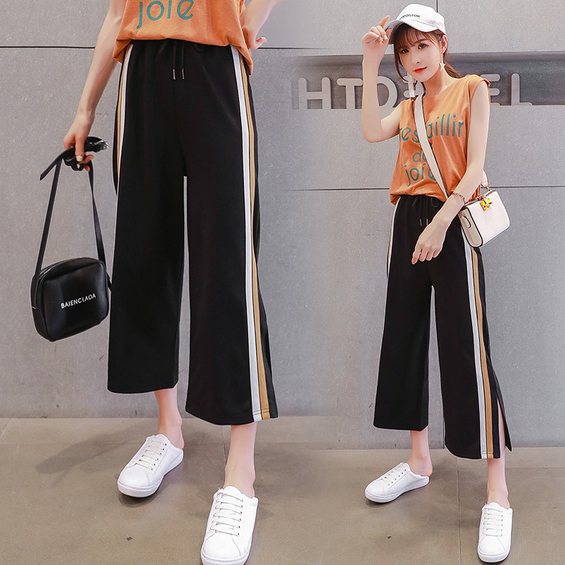 Quần Dài Lưng Cao Kẻ Sọc Xẻ Tà Phong Cách Hàn Quốc Size S-6Xl