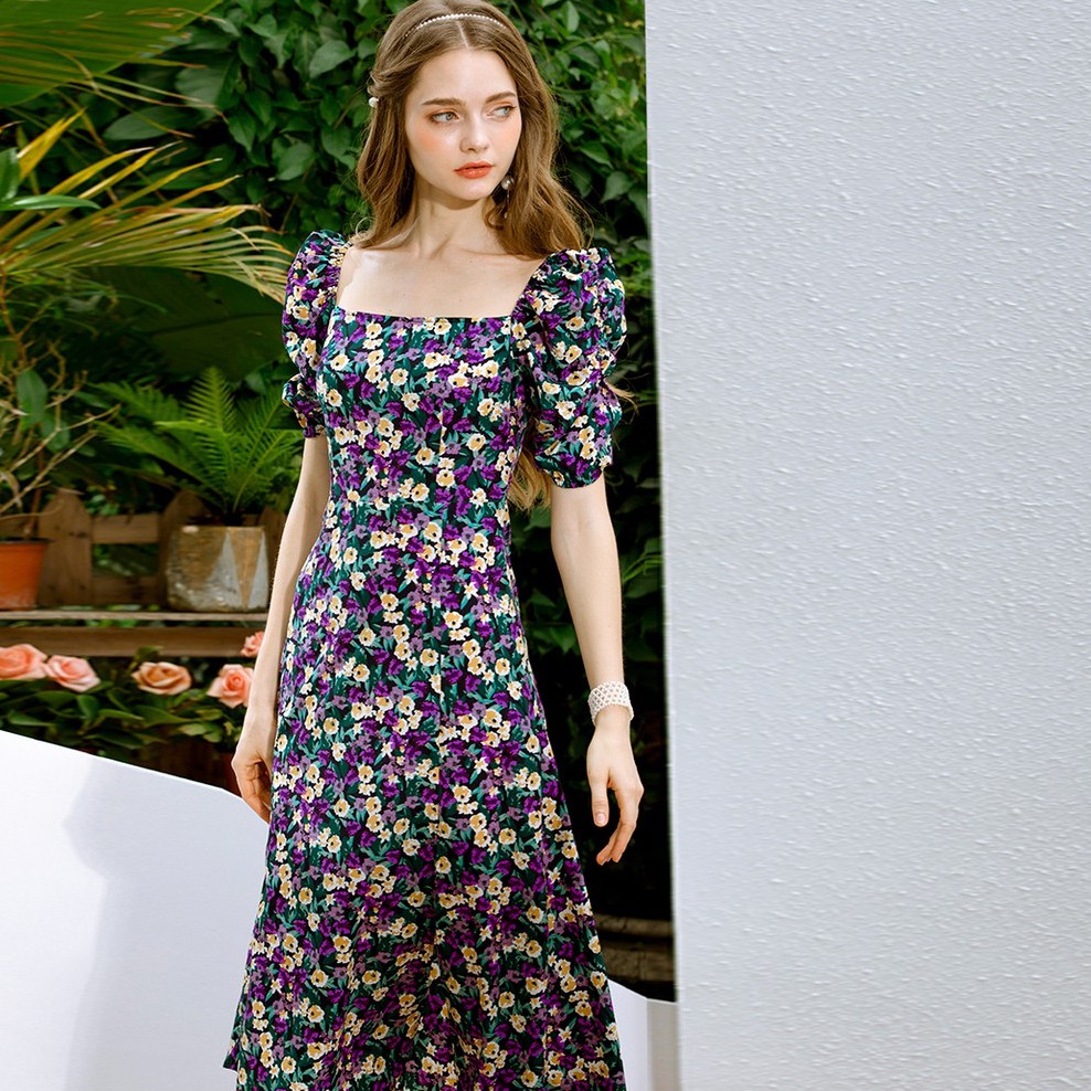 [Kèm Video SP] Váy Nữ Cao Cấp Hoa Nhí Cổ Vuông Tay Bồng Sẻ Đùi Kiểu Dáng Hiện Đại Thời Trang Sugal VAY NU 0026V3