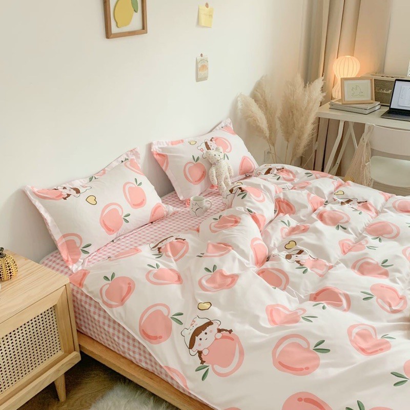 Set Chăn Ga Đào Hồng Cam Ga Kẻ Caro Cotton Poly Bé Gái Siêu Xinh (Shinbedding.shop)