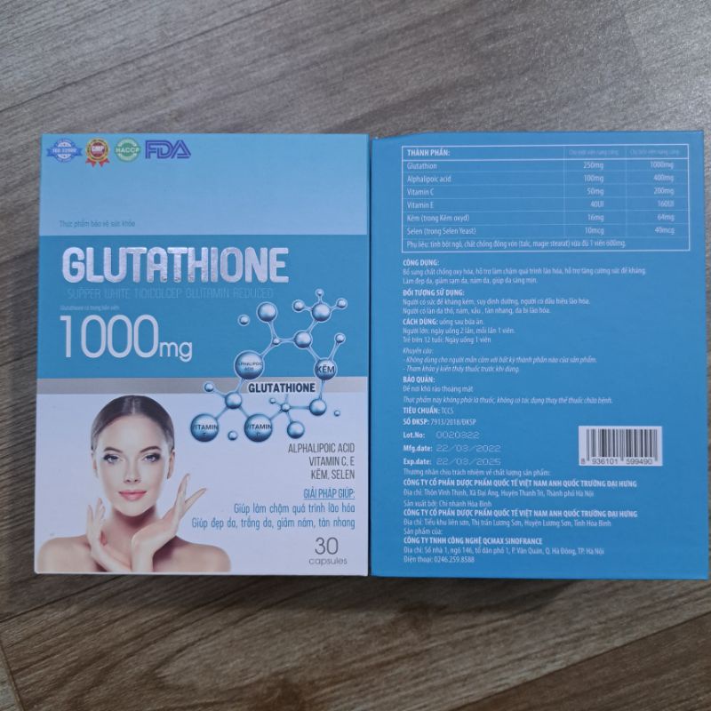 Viên uống trắng da, mờ nám GLUTATHIONE 1000mg - Hỗ trợ làm đẹp da, bổ sung nội tiết tố_Hộp 30 viên