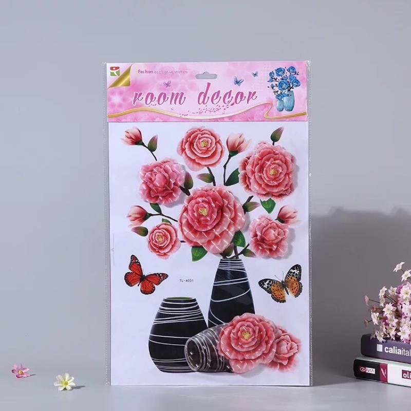 Tranh dán tường 3D hình lọ hoa các kiểu nhiều hình, Decal dán tường 3d Phòng Ngủ xinh xắn