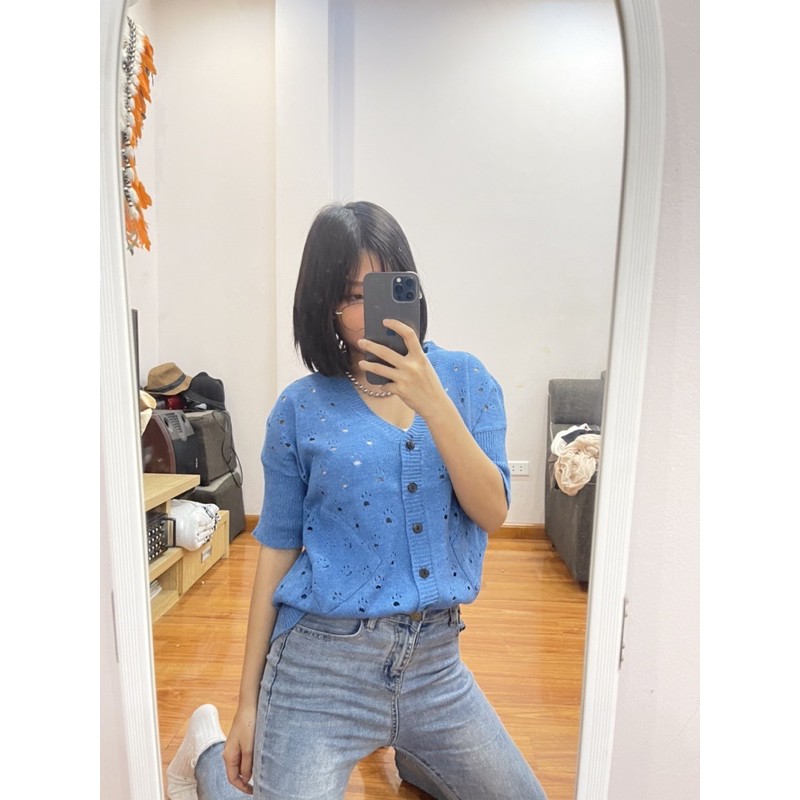 [SẴN-ẢNH THẬT] Áo khoác len cảdigan tay ngắn bo giả xắn tay túi chéo