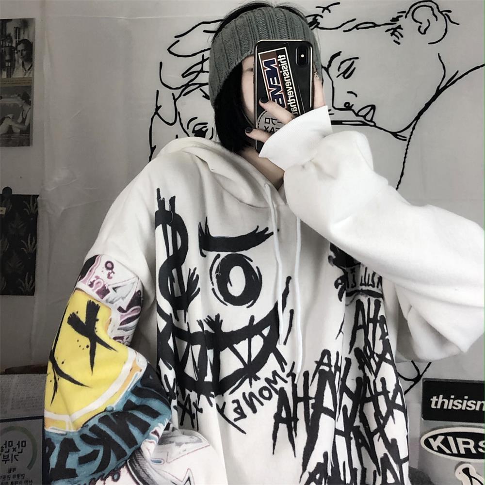 Áo Hoodie Dáng Rộng In Họa Tiết Graffiti Phong Cách Hàn Quốc Thời Trang Thu Đông Dành Cho Nữ