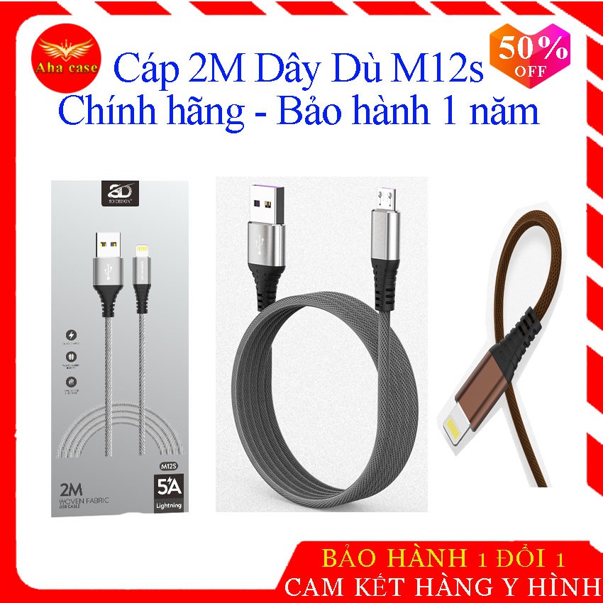 [Bán Chạy] Cáp sạc nhanh 2 mét dây dù chính hãng M12s SD Design, dây sạt dài 2m,xạc chống đứt, bảo hành 1 năm