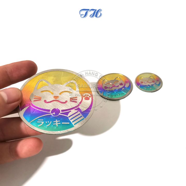 Tem titanium Logo Mèo Thần Tài Đường Kính 6cm, 4m 3cm Hình Tròn Có Sẵn Keo Dán