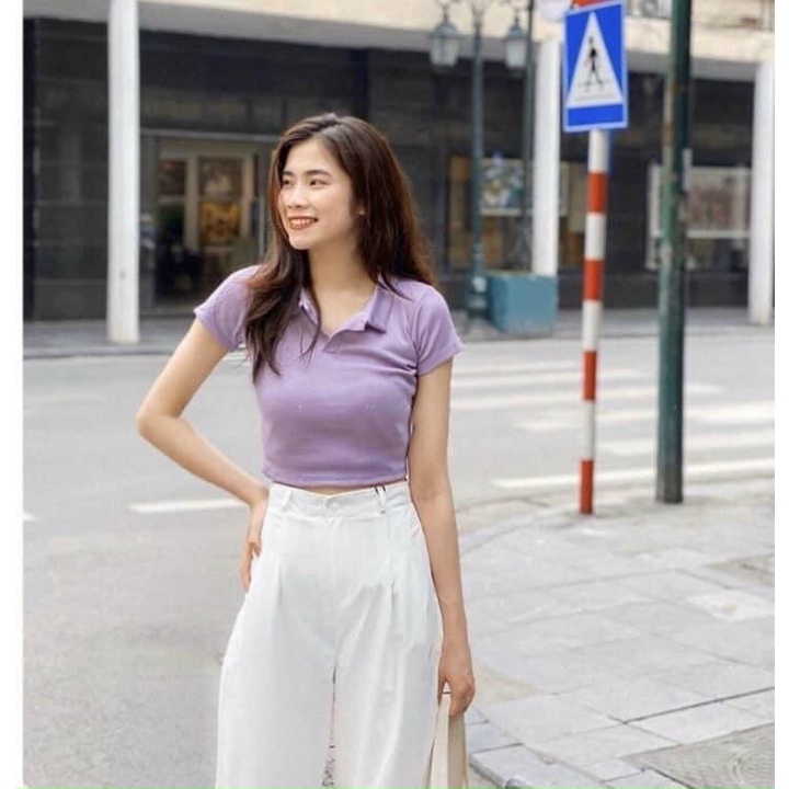 Áo croptop nữ có cổ vải cotton mịn co giãn croptop ngắn tay thun đẹp | BigBuy360 - bigbuy360.vn