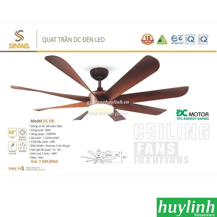 Quạt trần đèn LED Sinwa DC08 - 8 cánh - DC inverter