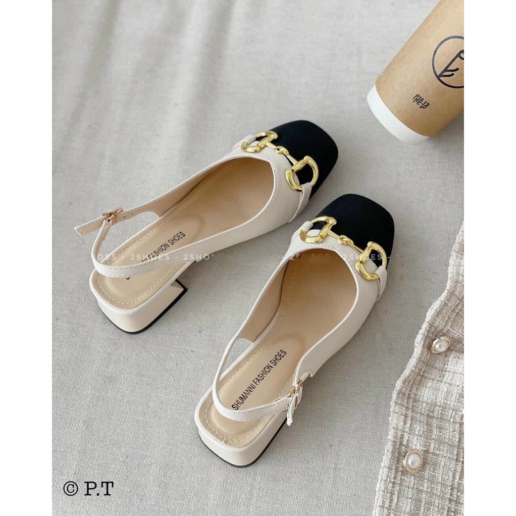 Giày sandal nữ quai xích ngang mũi vuông pha da gót 3cm xinh xắn