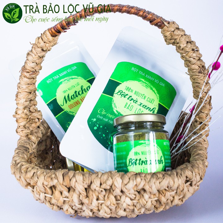 Bột Trà Xanh Nguyên Chất Bảo Lộc Vũ Gia (100g/ hũ) + Tặng Khẩu Trang Y Tế