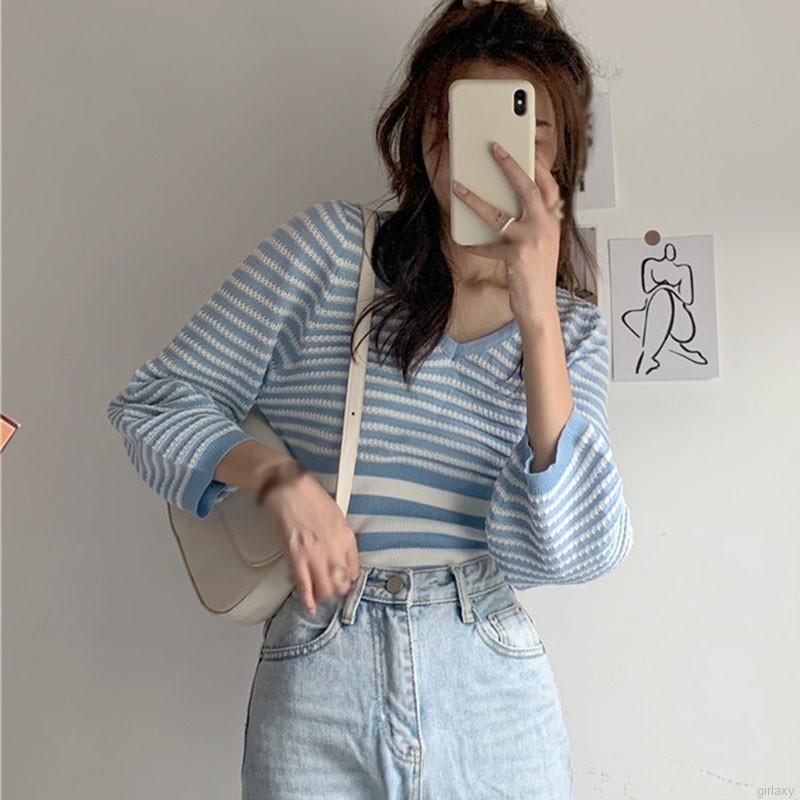 Áo Croptop Dệt Kim Tay Dài Cổ Chữ V Phong Cách Hàn Quốc