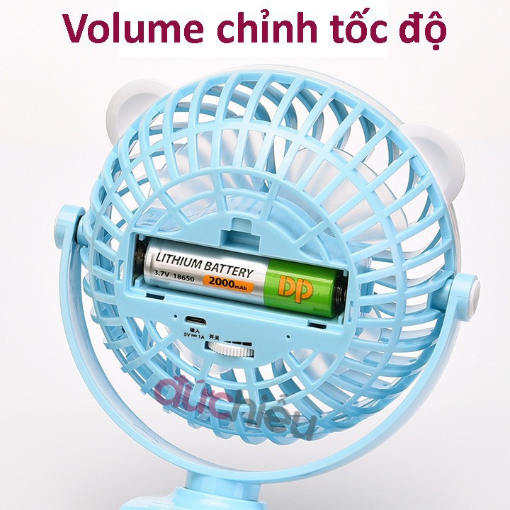 [ Hàng bao đẹp ] Quạt sạc tích điện có volume điều chỉnh tốc độ đế kẹp xoay 360 độ 2000mAh | Đức Hiếu Shop