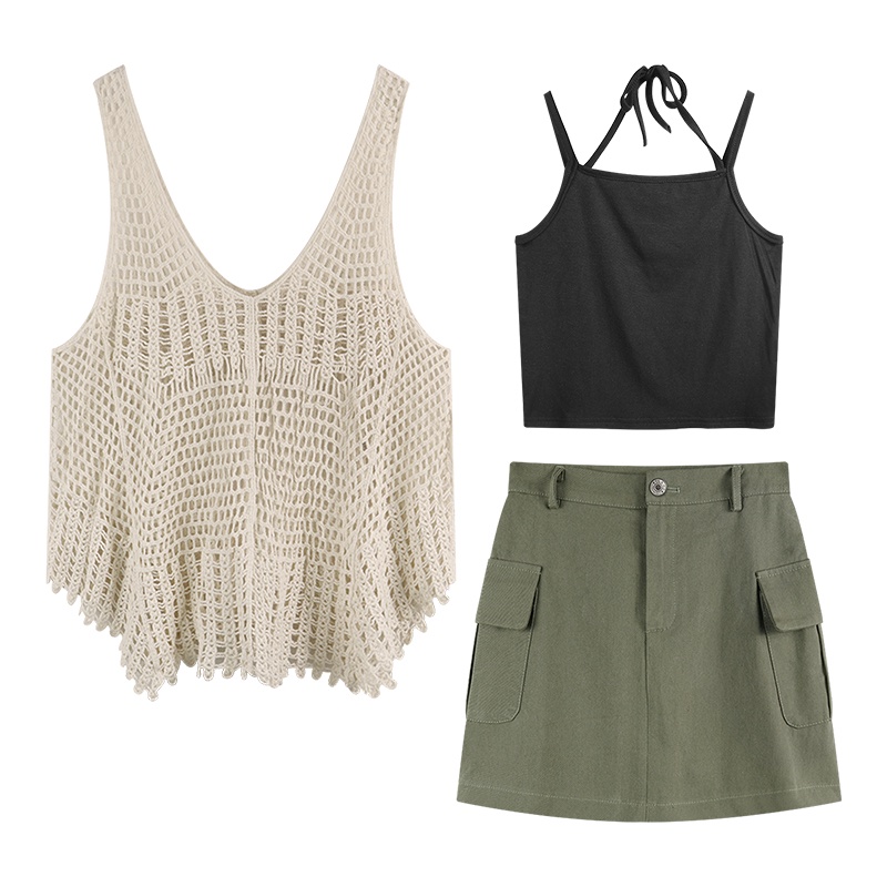 Set Áo Lưới + Áo Dây + Chân Váy Denim Cho Mùa Hè Tươi Trẻ Aimeehosue Quảng Châu