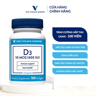 Viên uống bổ sung Vitamin D3, canxi The Vitamin Shoppe D3 10 MCG (400 IU) 100 viên chắc khỏe xương