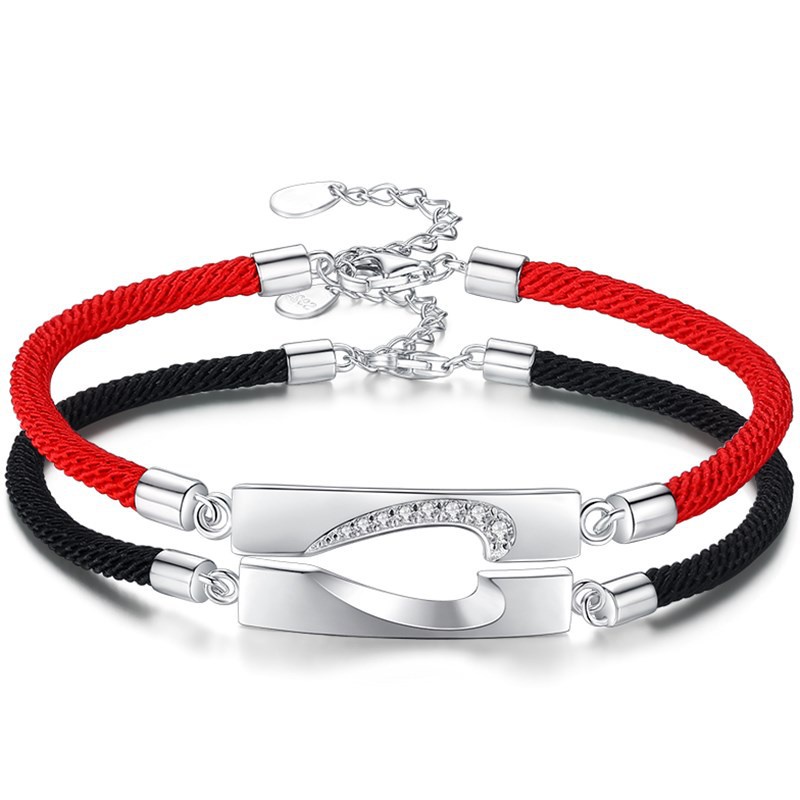 Vòng Tay Dây Bện Màu Đỏ Mặt Hình Trái Tim Đơn Giản Cho Cặp Đôi