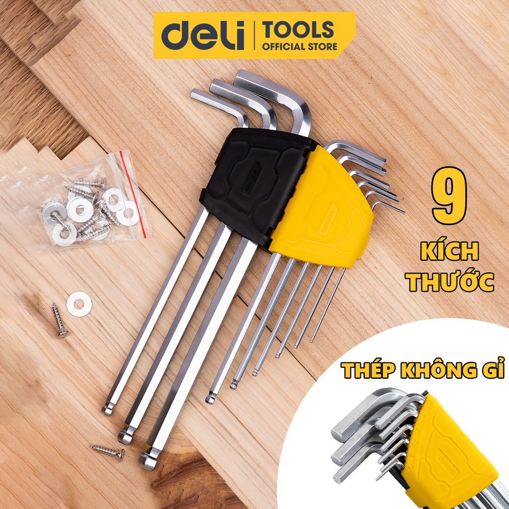 Bộ Lục Giác Chữ L Đầu Bi 9 Chiếc Deli Cao Cấp Chính Hãng - Kích Thước 1,5 - 10mm - Nhỏ Gọn, Tiện Dụng - EDL3090