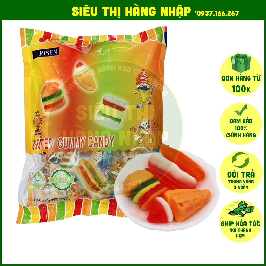 Kẹo dẻo hình fashfood Gummy Candy Risen Mỹ 350g cho bé ăn vặt ngon (hình hotdog, hamburger, kem ốc quế, Sandwich)
