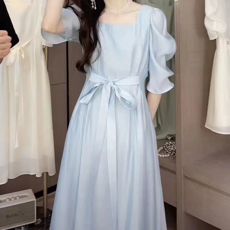 Đầm Tay Phồng Dáng Lửng Màu Trơn Thời Trang Mùa Hè Xinh Xắn Cho Nữ Mới