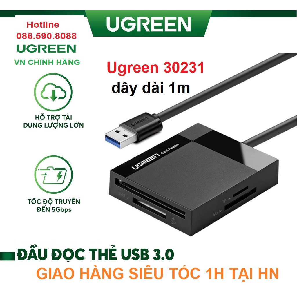 Đầu đọc thẻ USB 3.0 Dây Dài 1m Ugreen 30231 hỗ trợ thẻ TF/SD/CF/MS - Hàng chính hãng