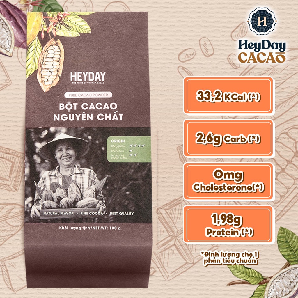 Bột cacao nguyên chất 100% không đường Heyday - Dòng Origin thượng hạng 100g - Chuẩn UTZ Quốc Tế
