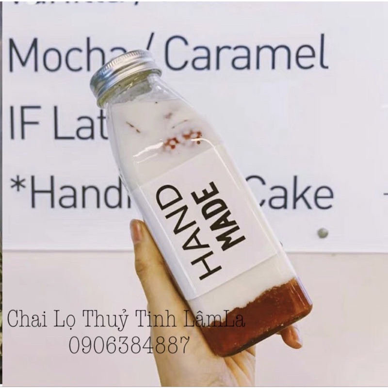 Chai Thuỷ Tinh Vuông Nắp Nhôm Bạc | Nắp Dây 350ml