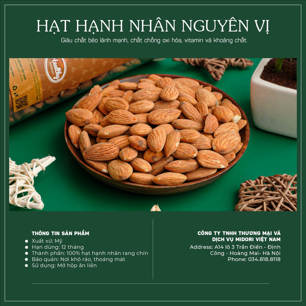 Hạt hạnh nhân rang chín Vietgourmet nhập khẩu Mỹ, đồ ăn vặt healthy, hạt dinh dưỡng mẹ bầu, detox, giảm cân