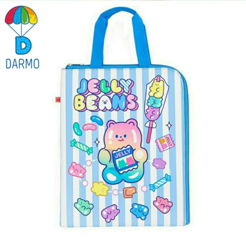 (Order 17 ngày) Túi tote A4 dọc đựng laptop Macbook/ Ipad/ tài liệu Bentoy Milkjoy gấu gummy bear kẻ sọc xanh da trời