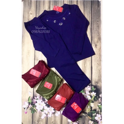 Bộ Dài Tay Thu Đông Chất Cotton Trung Niên- Bộ Mặc Nhà Thu Đông cho Mẹ cho Bà thêu hoa dây chuyền