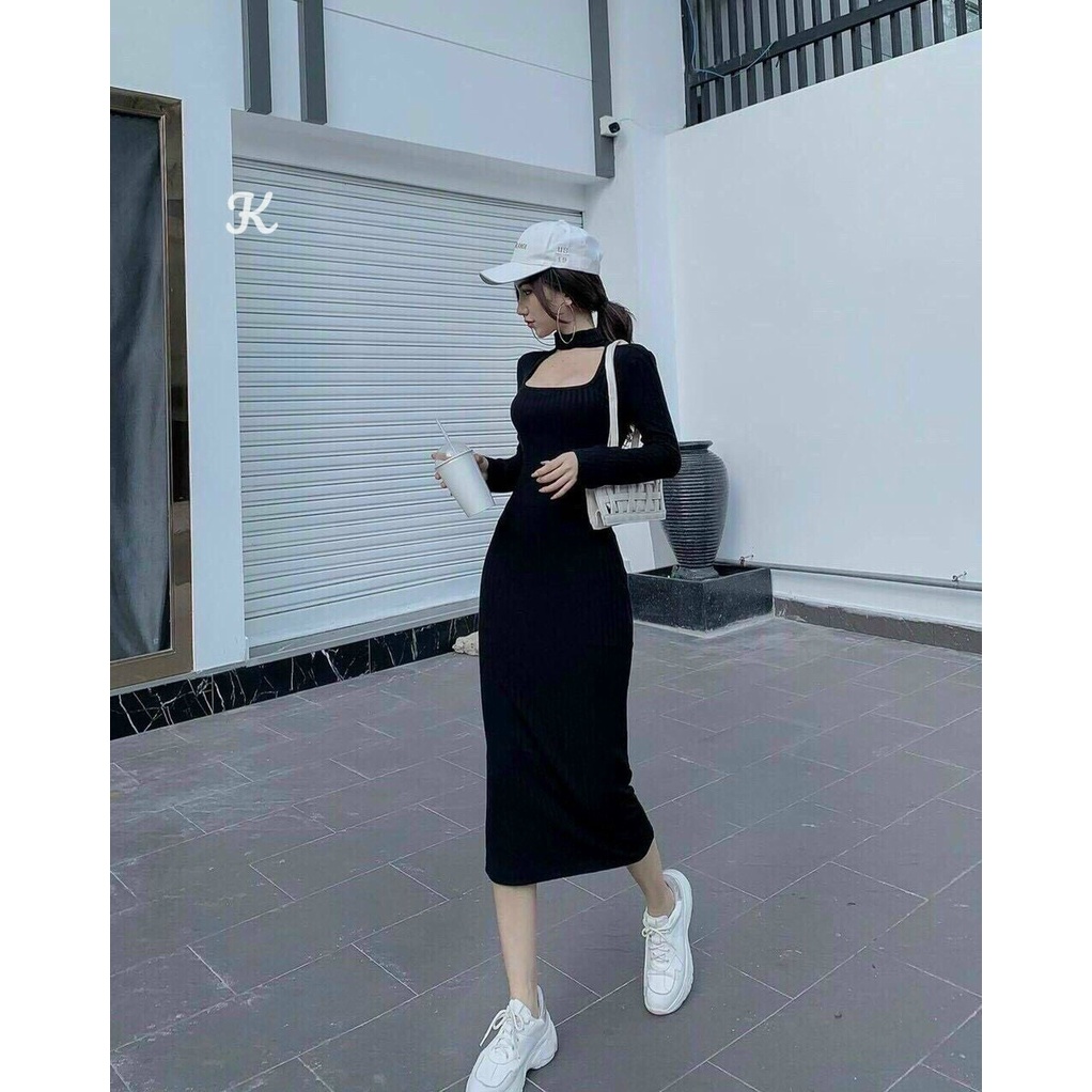 [ Miễn phí ship 2022 ] Đầm suông body tay dài, đầm đen ôm body cổ vuông choker tôn dáng,  dạo phố phong cách HQ