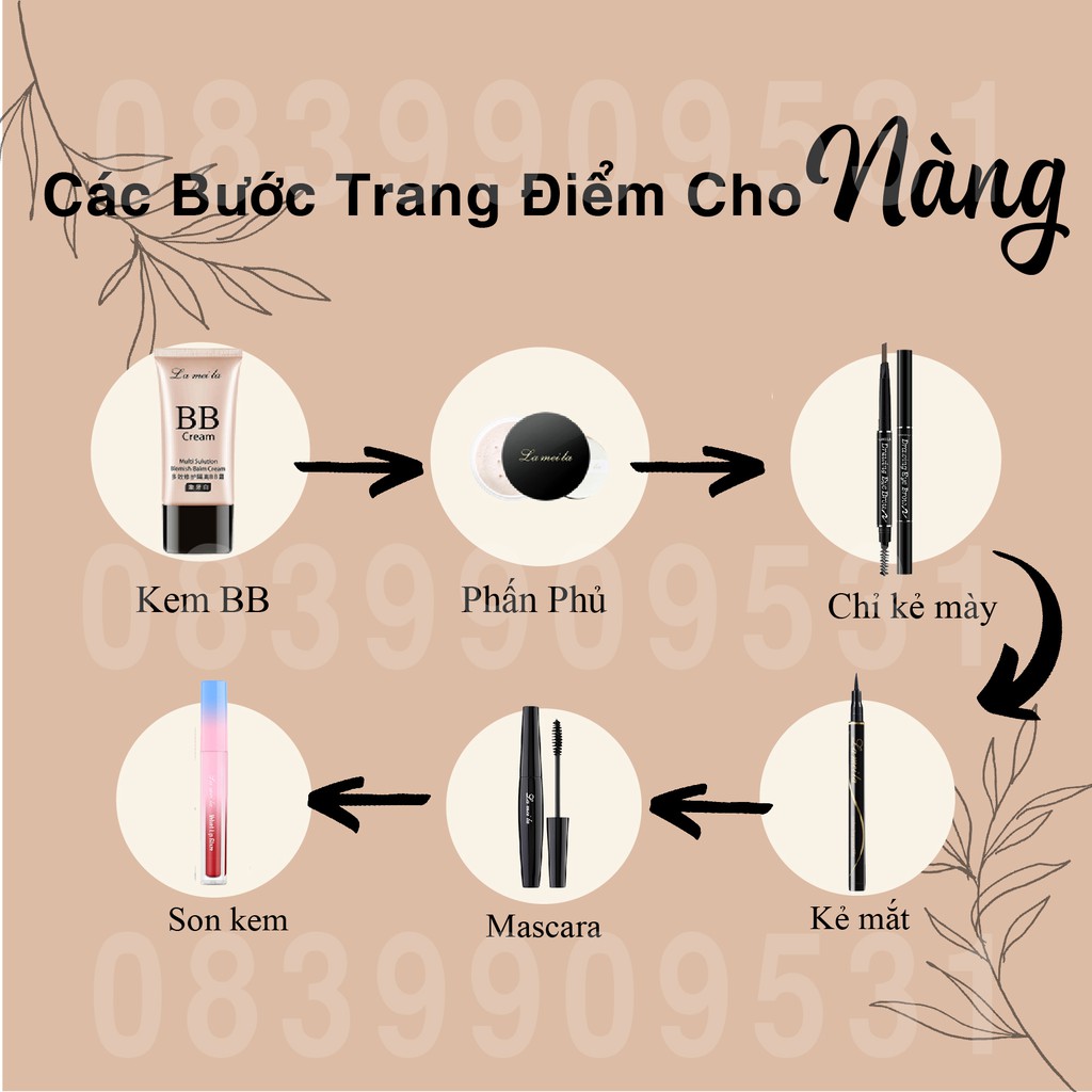 Bộ trang điểm Lameila 6 món cơ bản kem nền, phấn phủ, son kem, mascara, kẻ mày, kẻ mắt bộ makeup tiện lợi HATOLA