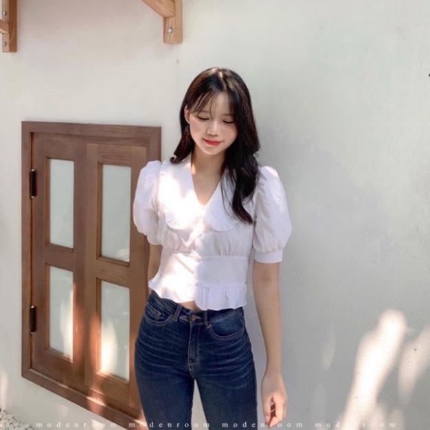 Áo sơ mi nữ cộc tay thiết kế kiểu phong cách nhẹ nhàng_087 chất mát, phom đẹp, nội y xanh