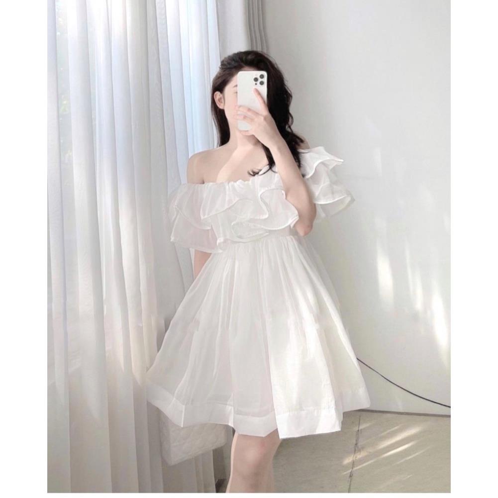 Váy Trễ Vai Voan Tơ Bồng Bềnh Mẫu Mới, Đầm Xòe 2 Lớp Mặc nhiều Kiểu
