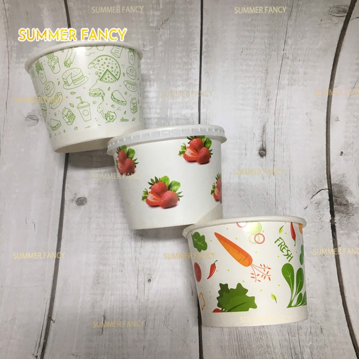 100 Bát giấy 350ml ~ 12oz in hình có nắp, hộp giấy, cốc ly đựng chè bún mì cháo - paper bowl with lid 360ml